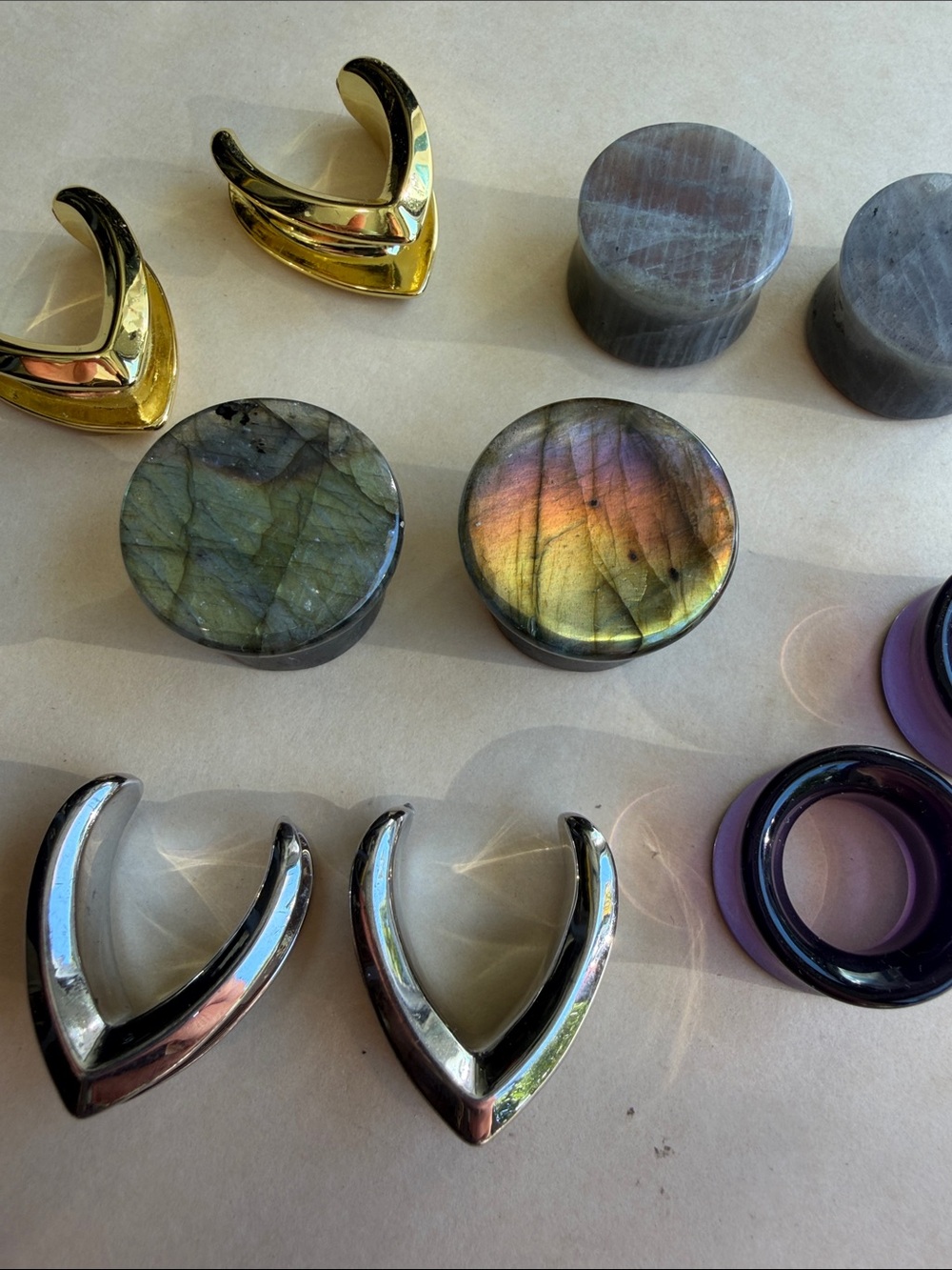 Assorted Iridescent Stone and Stainless Steel Ear Gauge Plugs - 7/8” 22mm